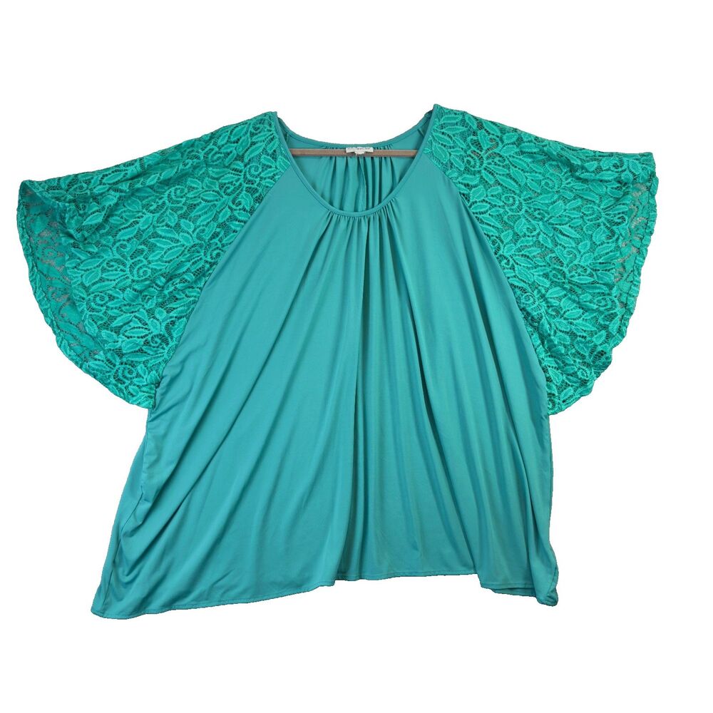Catherines Blouse Womens 5X Green Lace Flutter Sleeve Top Plus Size Stretch Teal